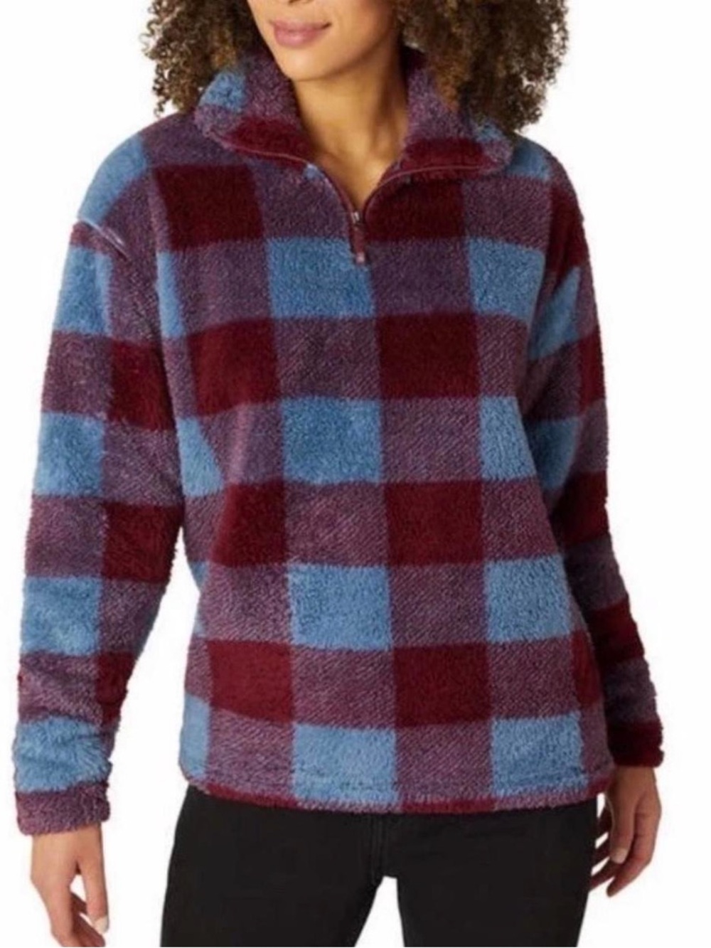 Eddie Bauer Plush Sherpa Zip-Up in Light Blue & Burgundy XXL